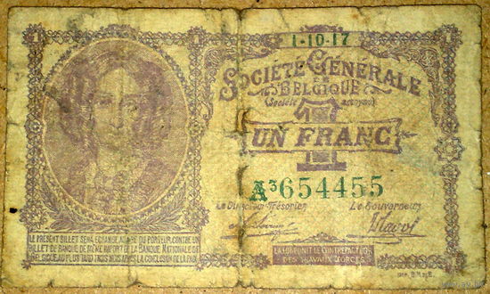 Бельгия 1 франк 1917г -редкая- Pic#86b