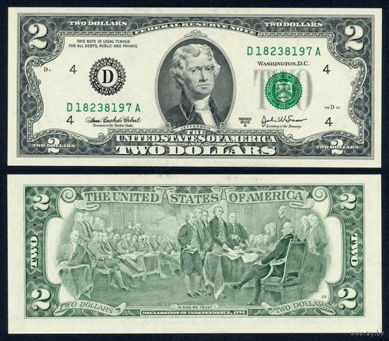 США 2 доллара 2003A г. (P-516b, UNC) [seria 2003A, Cleveland, Cabral & Snow]