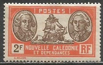 Новая Каледония. Лаперуз и Де Бугенвиль. Мореходы. Парусник L'Astrolabe. 1928г. Mi#163.