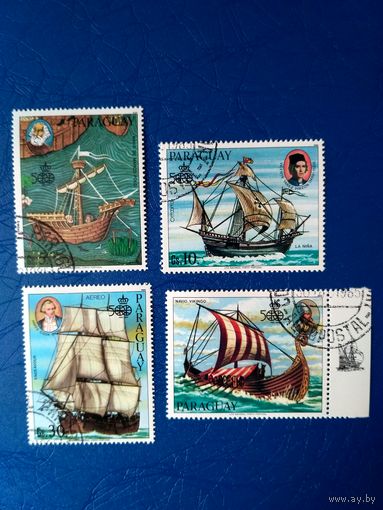 Парагвай. Парусные корабли. Мореплаватели. 3 марки из серии + 2 купона. 1985 (2)