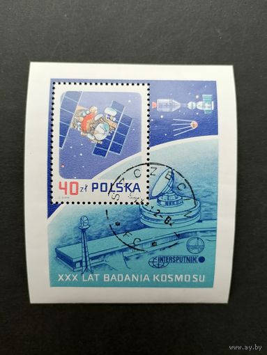 Польша 1987 Блок Mi.105 с маркой "30 лет освоению космоса" (гашение с клеем) Mi.3122 каталог 0.80 евро