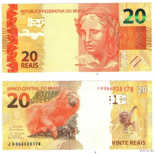 Бразилия 20 реалов 2010 год UNC (номер банкноты KF 078500352)