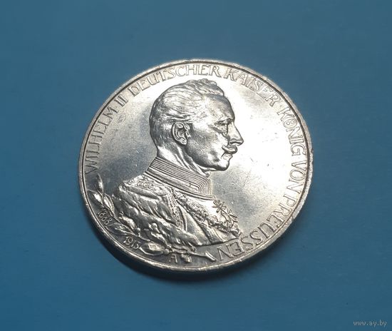 Германия. 3 марки. 1913 год. Вильгельм II. Мундир. Отличная! Серебро. Распродажа коллекции