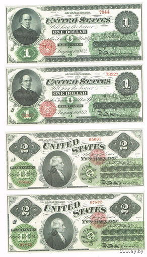 1долар 1862 года Вашингтон, 2 долара 1862 г Ньюорк официальные копии редчаших бонкнот США