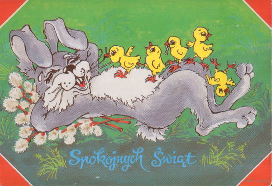 Чистая открытка Польша "Пасха. Кролик с цыплятами" худ. Ванда Фурго-Возняк