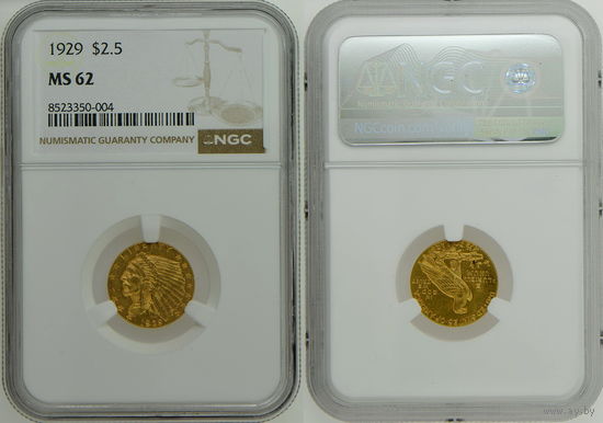 2,5 доллара 1929 г. Голова индейца. США. NGC MS 62. Золото. КМ# 128