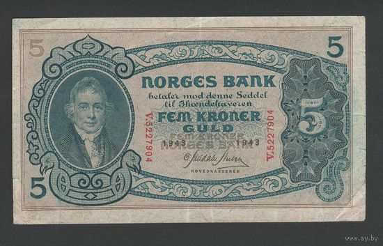 Норвегия 5 крон 1943 года. Тип P-7с. Состояние XF+