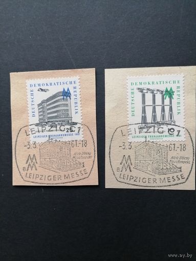 ГДР 1961 Полная серия марок на вырезках "Весенняя ярмарка в Лейпциге" (спецгашение) Mi.813-814 каталог 1.20 евро