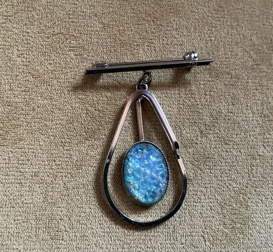 Брошь с подвеской Голубое стекло Арлекин Редкость. Германия 60-е