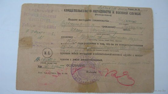 1928 г. Свидетельство о негодности к военной службе