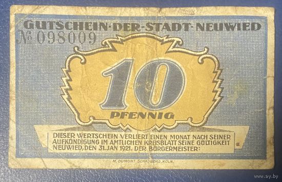 Нотгельд 10 пфеннигов 1921 год. Нойвид. Веймарская республика