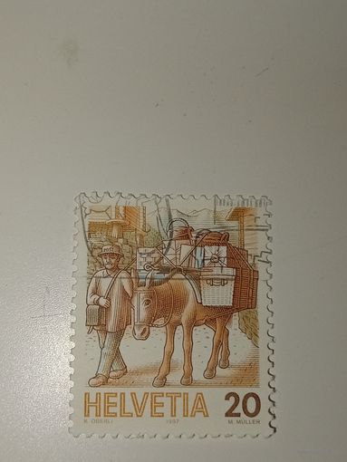 Марка Швейцария 1967 год 20 раппенов с изображением почтальона и осла