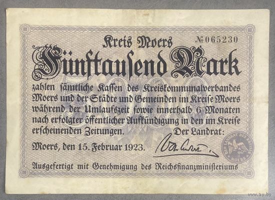 Банкнота 5000 марок. 1923 год. Мёрс. Веймарская республика.