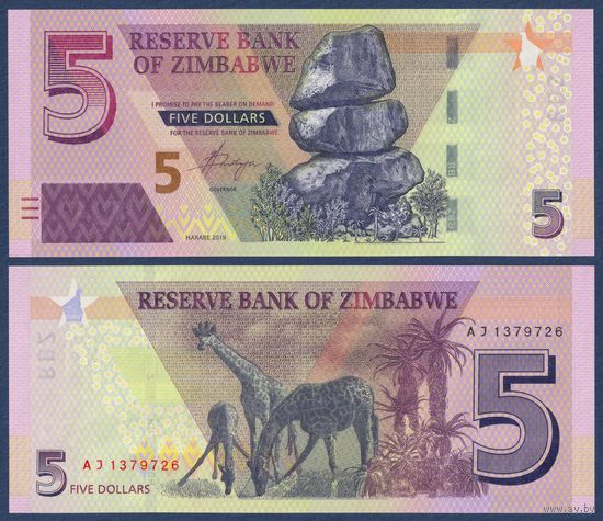 Зимбабве, 5 долларов 2019 г, P-W102 (AJ, камни Чиремба, жирафы), UNC
