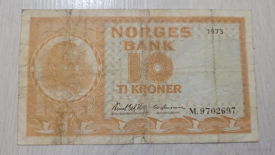 С 1 руб. Норвегия. 10 крон 1973 года. Нечастая