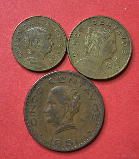 Мексика, 3 разные монеты по 5 сентаво