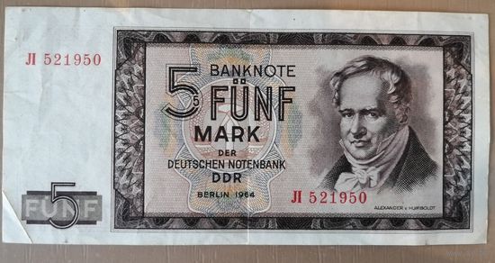 ГДР 5 марок 1964 г., Ro.354b, P:22