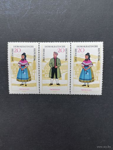 ГДР 1964 Горизонтальная сцепка из трех марок серии "Национальный костюм" (чистые**) Mi.1078-1079 каталог 7.50 евро