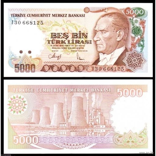 Турция 5000 лир образца 1970 года UNC p198 серия L