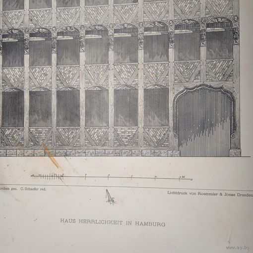 Гравюра. 19 век. HAUS HERRLICHKEIT IN HAMBURG. 48 X 32cm. Германия.  РАСПРОДАЖА КОЛЛЕКЦИИ.