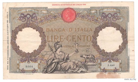 Италия 100 лир 1940 года. Тип Р 55b. Состояние VF