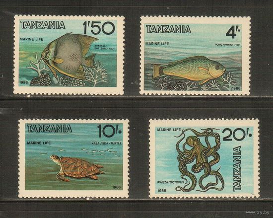 Танзания-1986(Мих.337-334) , ** ,  Морская фауна, Рыбы, Черепахи (полная серия)
