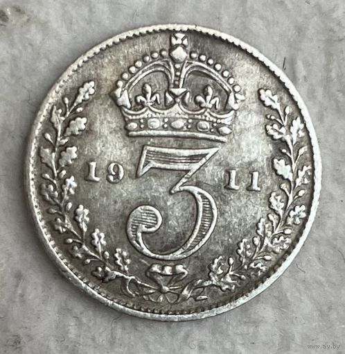 Монета Великобритания 3 пенса 1911 год. Георг V. Серебро