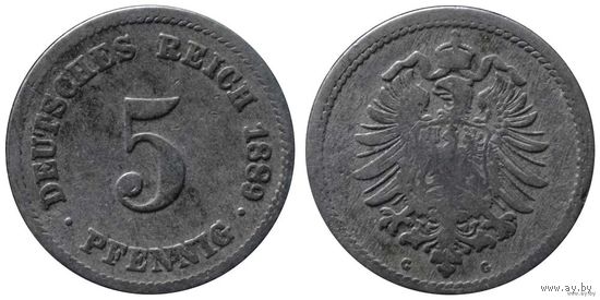 YS: Германия, Рейх, 5 пфеннигов 1889G, KM# 3, РЕДКОСТЬ! Малая 9 в годе