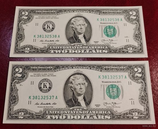 2 доллара 2013 г. Две банкноты одним лотом. Номера подряд. Продажа возможна по отдельности.