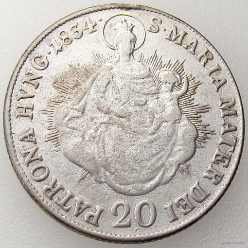Австро-Венгрия, 20 крейцеров 1834 года, состояние XF, мон. двор Кремница (В), Ag 583/ 6,68 г, Франц II, KM#415, Венгерский вариант - Королевство Венгрия (1806 - 1856)
