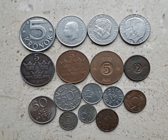 Монеты Швеция 16 штук: 5 крон, 1 крона, 50 эре, 25 эре, 10 эре, 5 эре, 2 эре.