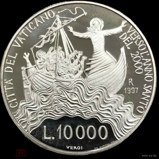 10000 лир 1997 Ватикан крупное серебро - Христос во время шторма на море Галилейском