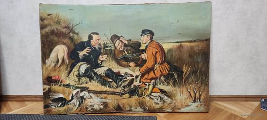 Картина "Охотники на привале". Холст, масло , размер 118*77см.