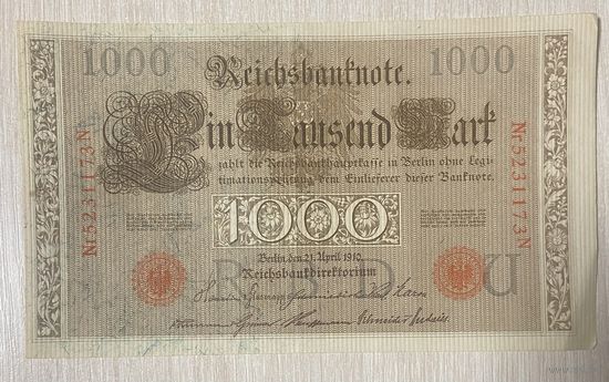 Банкнота 1000 марок 1910 год. Германская империя. Красная печать. С рубля без МЦ.