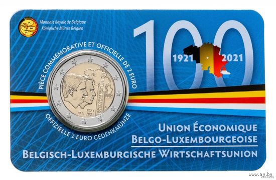 2 евро 2021 Бельгия 100 лет Бельгийско-Люксембургскому экономическому союзу блистер BU