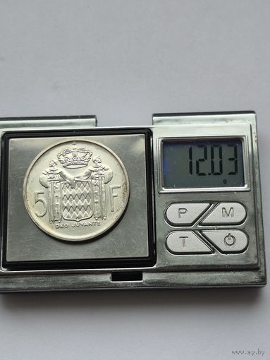 5 франков 1960 года. Монако, Монегасский франк (Ренье III). Серебро 835. Монета не чищена. L45572.