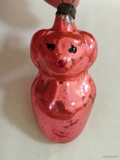 Игрушка ёлочная розовый Мишка Мышка, стекло. СССР