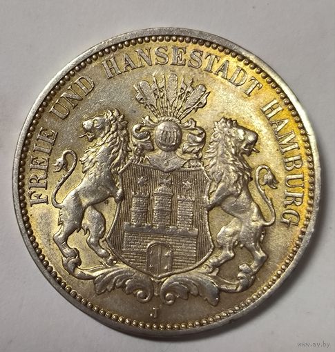 С рубля без мц! 3 марки 1909 Гамбург - золотистая патина! Нечастая!!