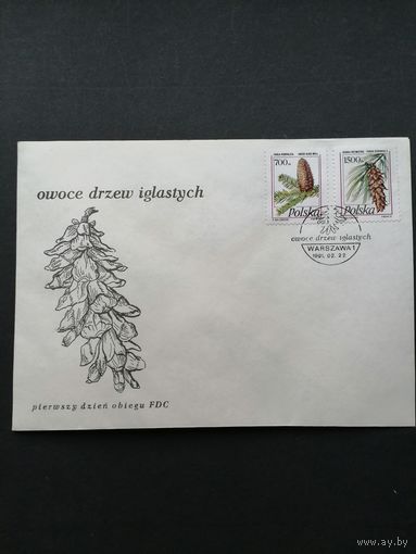 Польша 1991 КПД с полной серией марок "Шишки хвойных деревьев" (спецгашение) Mi.3312-3313 каталог 0.70 евро