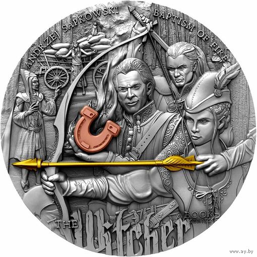 Ниуэ 5 долларов 2023г. "Ведьмак: Огненное крещение". Монета в капсуле; тематическом деревянном футляре; номерной сертификат; номер монеты на гурте; коробка. СЕРЕБРО 62,20гр.(2 oz).