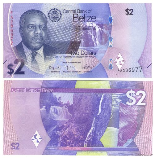 Белиз (Британский Гондурас) 2 доллара 2025 год UNC (НОВЫЙ ДИЗАЙН БАНКНОТ)