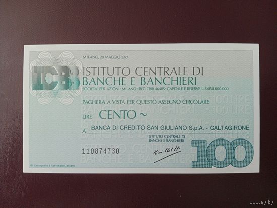 Италия Банковский чек 100 лир 1977 UNC