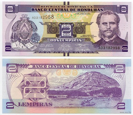 Гондурас. 2 лемпиры (образца 2014 года, P97, UNC)