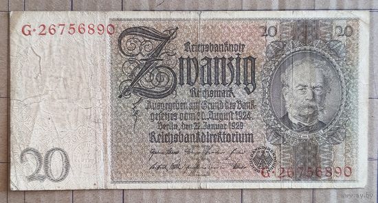 Германия (рейхсбанк) 20 марок 1929 г., Ro.174a, DEU-180, 1 тип (металлография) Литеры  (Udr.-Bst.)  - A, B, C, D, E, F, G, H, I, K, L, M, N, S, X, Z