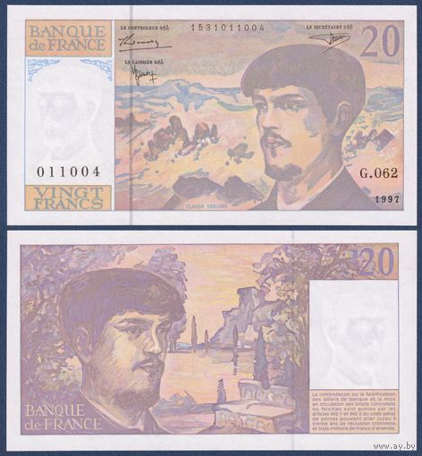 Франция, 20 франков 1997 г., P-151i (G, композитор Клод Дебюсси), UNC
