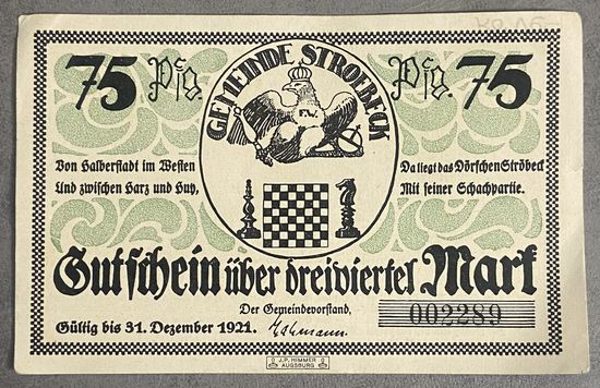 Нотгельд 75 пфеннигов 1921 год. Штрёбек,. Веймарская республика