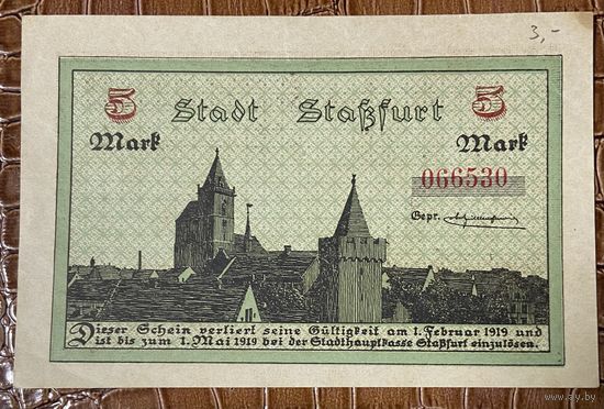 Банкнота 5 марок 1918 год. Штасфурт. Веймарская республика.