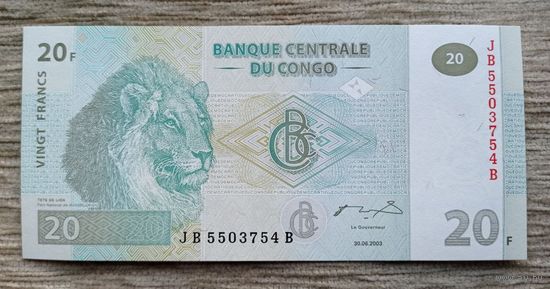 Werty71 Конго 20 франков 2003 UNC Банкнота Лев прайд