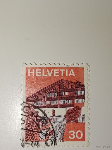 Марка Швейцария 1973 год 30 сантимов из серии "Здания" (традиционный дом в долине Симменталь).