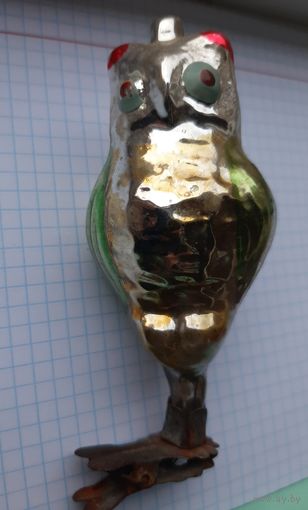 Сова, елочная игрушка,  на прищепке, большая 10,5 см.. СССР.